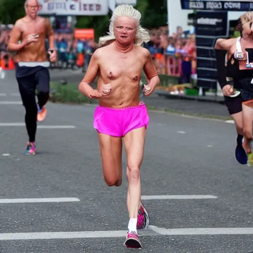 Prompt: shirtless female geert wilders running marathon falling over