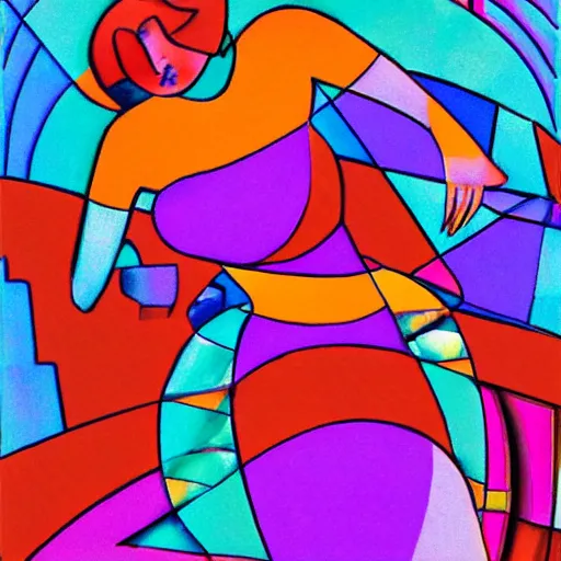 Prompt: woman woman danced by the river as the sun rose behind the mountains , high quality digital art in the style of cubism and georgia o’ keefe,