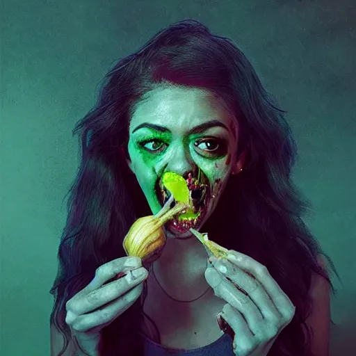 Image similar to zombie sarah hyland eating a clove of garlic, art by beeple