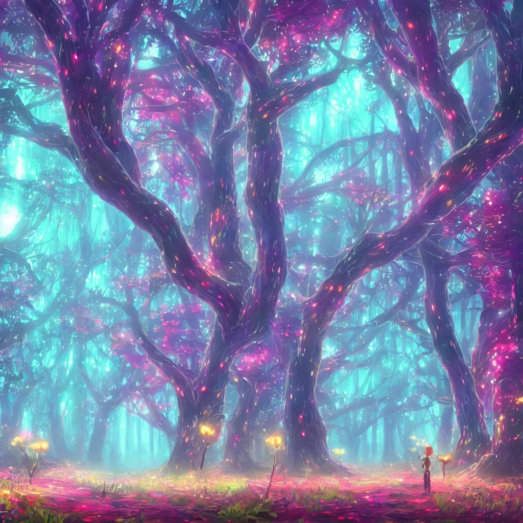 Prompt: huge trees, misty nighttime. radiating colorful energy. photorealistic, moody atmosphere, volumetric shading, holographic undertones, intricate and detailed, highly saturated colors. ori and the blind forest, breath of the wild style, studio ghibli!!!. trending on artstation. award winning, daily deivation. pastel!! pink accents.