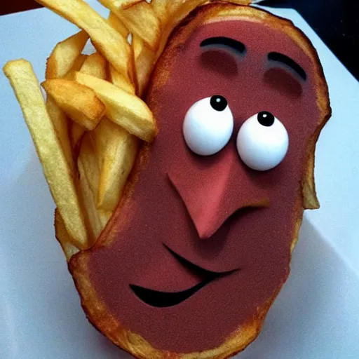 Image similar to [ a french fry chip ] shaped like stephen fry as a pixar character hybrid intercross mix