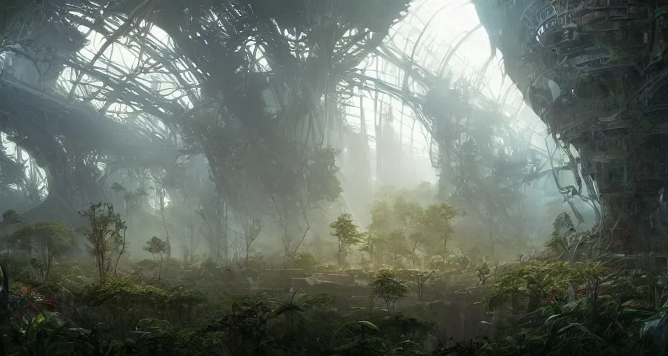 Image similar to Cyber space forest scene, Giant Aztec space city, volumetric light, fog, dusk lighting, intricate details ,by denis villeneuve, Ridley Scott, Greg Rutkowski and Alphonse Mucha