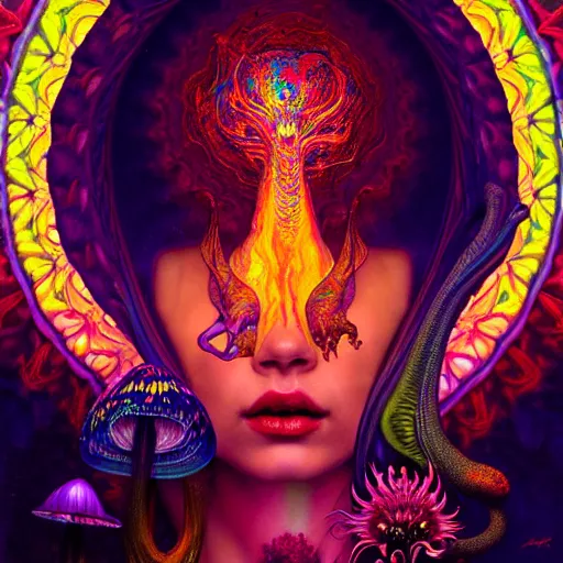 Image similar to An extremely psychedelic experience, colorful, surreal, dramatic lighting, magic mushrooms, psilocybin, LSD, face, detailed, intricate, elegant, highly detailed, digital painting, artstation, concept art, smooth, sharp focus, illustration, art by Krenz Cushart and Artem Demura and alphonse mucha