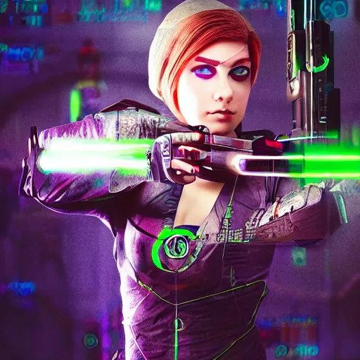 Image similar to photo of a cyberpunk female archer