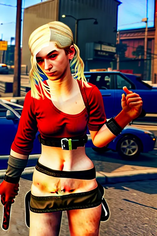 Image similar to A cute spaghetti-girl thief protagonist with leather-strap-armor and ninja weapons in GTA 5