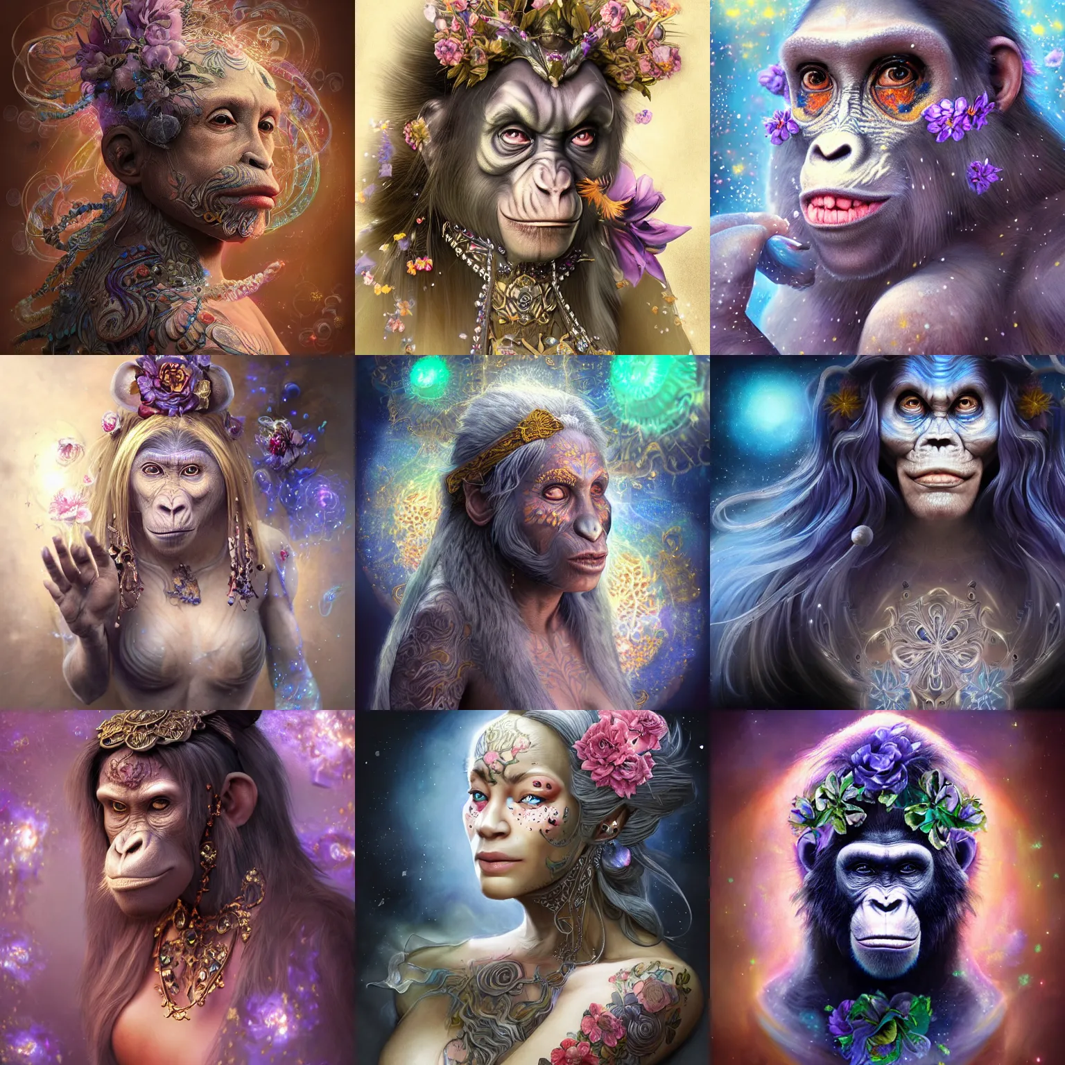 Prompt: a wlop 3 d render of very very very very highly detailed beautiful mystic portrait of a phantom mage female ape with whirling flowers and galaxy around, tattoos by anton pieck, intricate, extremely detailed, digital painting, artstation, concept art, smooth, sharp focus, illustration, intimidating lighting, incredible art,