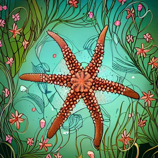 Prompt: illustration of a beautiful cyborg starfish overgrown with shells and flowers