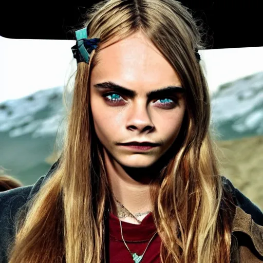 Prompt: Cara Delevingne with thin eyebrows, without makeup, she has thin eyebrows, as a character in skyrim