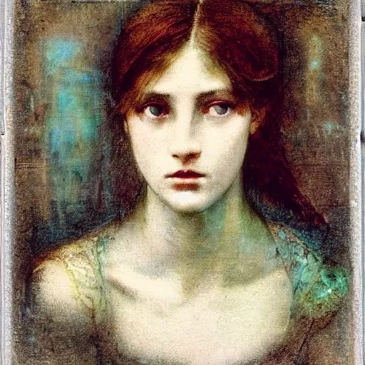 Prompt: a beautiful young lady with huge bright silver eyes, colored vintage daguerreotype by pontormo, by gustave moreau, by Mackintosh, art noveau, highly detailed, strong lights, liminal, eerie, Bright pastel colors