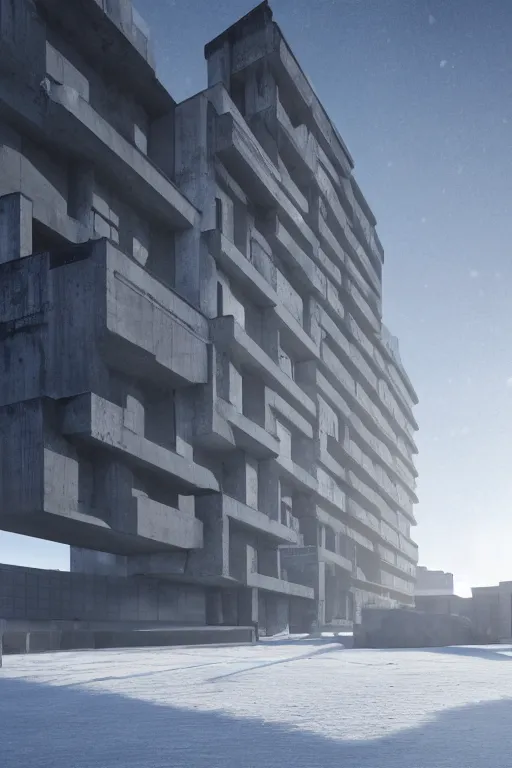 Image similar to brutalist architecture, hyperrealistic rendering, 4 k, tyndall effect, snow day