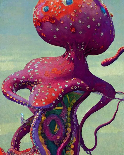 Image similar to a beautiful girl wearing a colourful octopus as a dress, painted by edgar maxence, edward hopper, wayne barlowe and james gilleard, airbrush, art by jamesjean