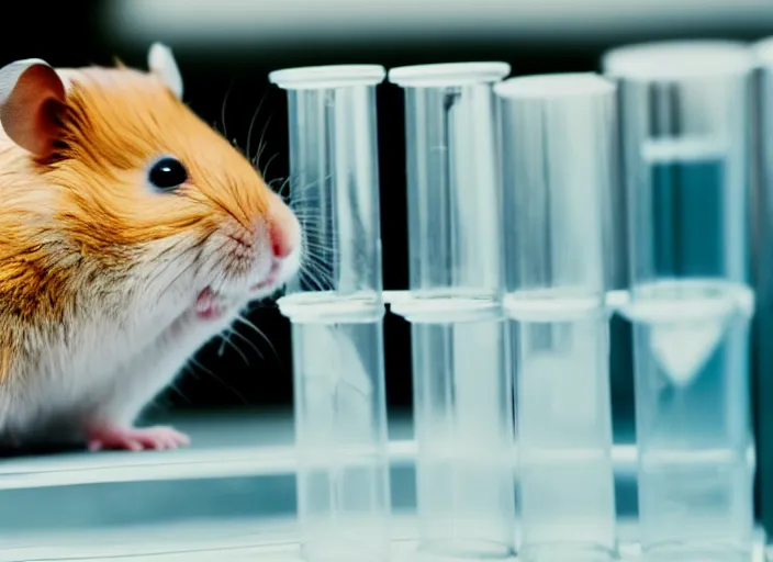 Image similar to film still of a hamster working in a research lab filling test tubes, 8 k