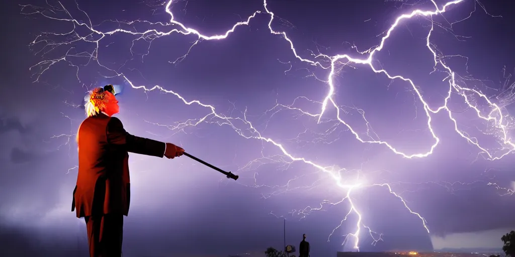 Image similar to donald trump shooting fire from his hands, colorful hd picure, lightning in the background