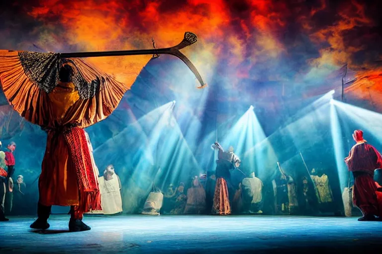 Image similar to festival on a stage, man with scythe, traditional romanian clothing, dramatic lighting, beautiful, volumetric lighting, colorful