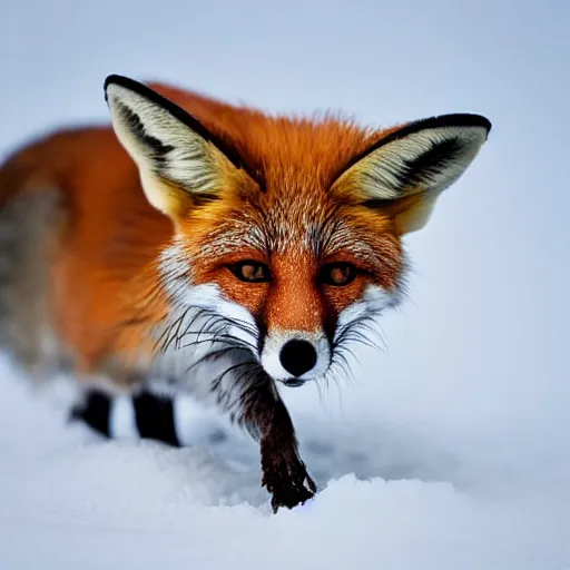 Image similar to mouse mixed with a fox searching for food in the snow, macro shot, soft light of winter, award winning photo, national geographic,