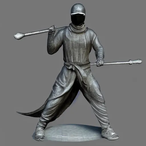 Image similar to 3 d rendering of marble statue of ninja wearing full face mask and hunter hat, combat suit, technological, all marble