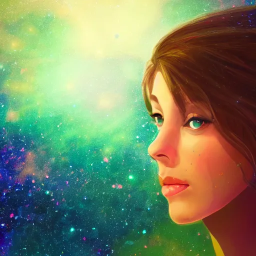 Image similar to an hd photo of a young woman with medium brown hair and green eyes. background of beautiful trees and night sky with colorful stars and galaxies, trending on artstation