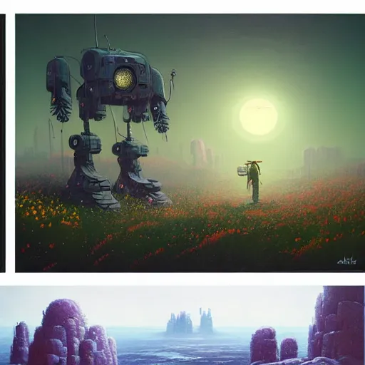 Image similar to a fantastic hyperdetailed 3 d matte painting of a giant robot partially covered in overgrowing wildflowers on an alien planet under arctic moonlight by moebius by beeple by by jakub rozalski by paul lehr by dan mumford