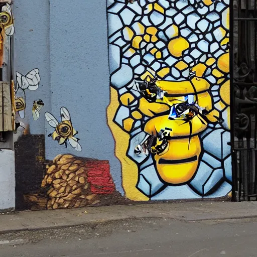 Image similar to bees attack bee hive, street art, twin towers,