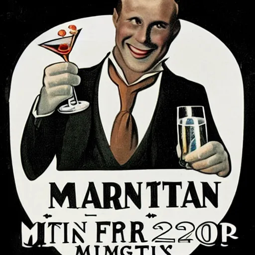 Image similar to a man holding a martini with an otter swimming in it while the otter gives a thumbs up in a 1 9 2 0 s advertisement poster