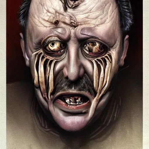 Image similar to Bodyhorror portrait by H.R.Giger of Igor Ivanovich Strelkov who became a degenerate horror Abomination, photo-realistic, color image, 2K, highly detailed