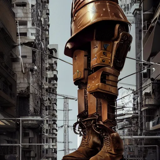 Image similar to a fashion model in helmet, creative, brown skin, digital art, photo manipulation, artstation, standing, cyberpunk, giant, street, duck shoes, up there, photoshop, bridge
