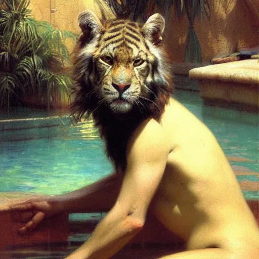 Prompt: a portrait of an animal in the pool. highly detailed painting by gaston bussiere, craig mullins, j. c. leyendecker, furry