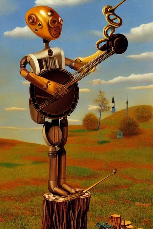 Prompt: country bumpkin robot, playing a deering banjo, sitting on a stump, high detail, tyle of salvador dali, painting by rene magritte, trending on artstation, retrofuturism, style of michael cheval, hyper realistic, s, 8 k