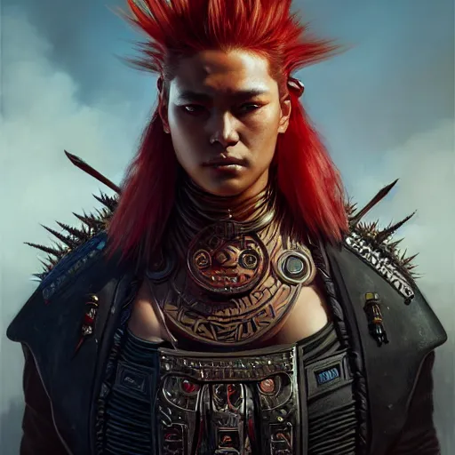 Image similar to portrait painting of a cyberpunk maori street samurai with spiky red hair, ultra realistic, concept art, intricate details, eerie, highly detailed, photorealistic, octane render, 8 k, unreal engine. art by artgerm and greg rutkowski and charlie bowater and magali villeneuve and alphonse mucha