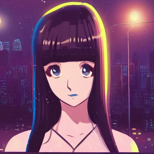 Image similar to a portrait of a beautiful girl with long black hair and bangs, wearing 1940's fashion, she has dark brown eyes and pale skin, she is facing towards the camera, city at nightime background, low-key neon lighting, 4k, HQ, official media, anime key visual, makoto shinkai, ilya kuvshinov, lois van baarle, rossdraws, detailed, trending on artstation