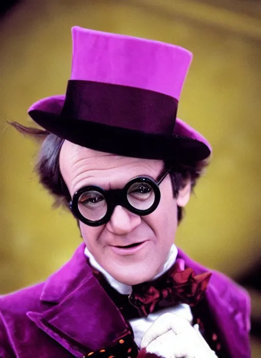 Image similar to “Film still close-up shot of David Letterman as Willy Wonka from the movie Willy Wonka & The Chocolate Factory. Photographic, photography, cinematic”