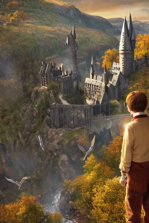 Image similar to Harry potter looking down to Hogwarts, happy after a long fight, photo-realistic, golden hour, epic