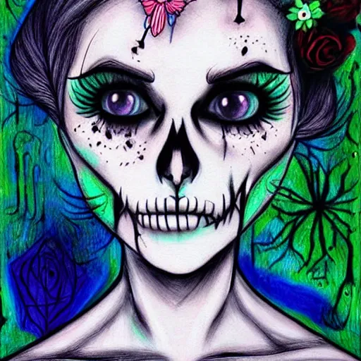 Image similar to tinker bell, horror, skull, flowers, scary, drawn by Harumi Hironaka