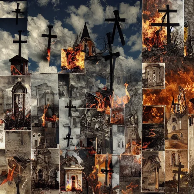 Prompt: burning churches and crosses, surrealistic collage art