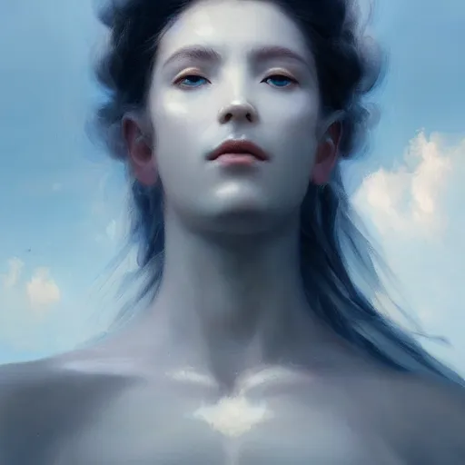 Prompt: a beautiful portrait of a cloud goddess with pure white pupils and clouds in the background by Greg Rutkowski and Raymond Swanland, Trending on Artstation, ultra realistic digital art