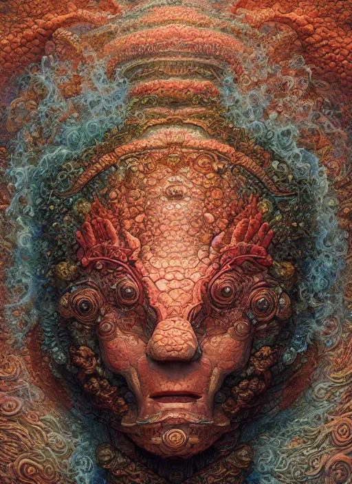 Image similar to Helmet of a forgotten Mayan Deity, corals, ribbons of seaweed, extremly detailed digital painting, in the style of Tomasz Alen Kopera and Fenghua Zhong and Peter Mohrbacher, mystical colors, rim light, beautiful lighting, 8k, stunning scene, raytracing, octane, trending on artstation