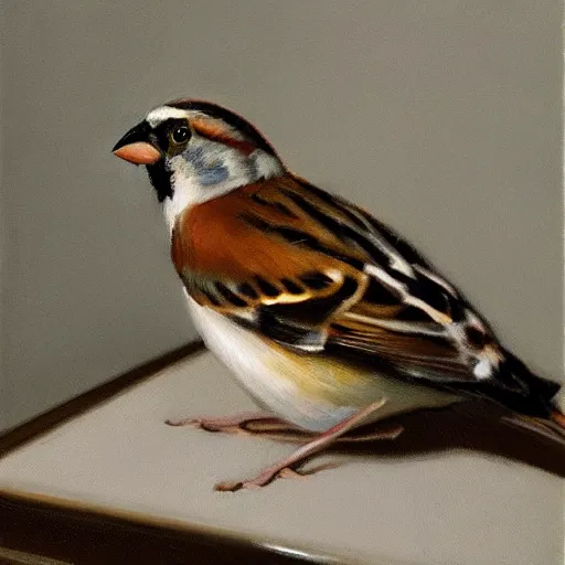 Image similar to an oil paiting of a sparrow perched on a chair, highly detailed, oleo, artstation, sharp focus, by diego velazquez