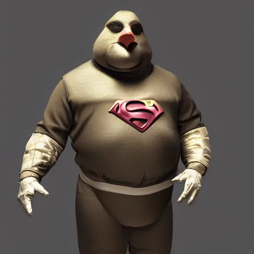 Prompt: Goose-Man, Cheesy supervillain, poorly made costume, overweight, skintight costume, high quality, unreal engine 5 render, high quality render, octane render, photo realistic,