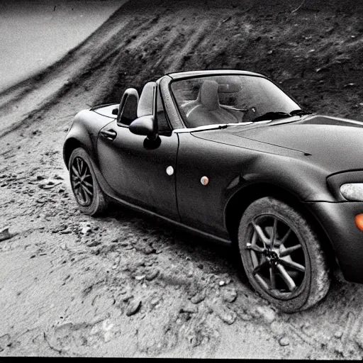 Image similar to a mazda mx-5 standing in no man's land, ww1, grainy black and white photograph