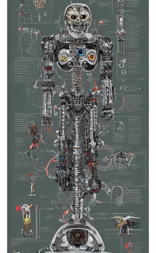 Image similar to anatomy of the terminator, robot, cyborg, t100, diagrams, mystical, intricate ornamental tower floral flourishes, technology meets fantasy, map, infographic, concept art, art station, style of wes anderson