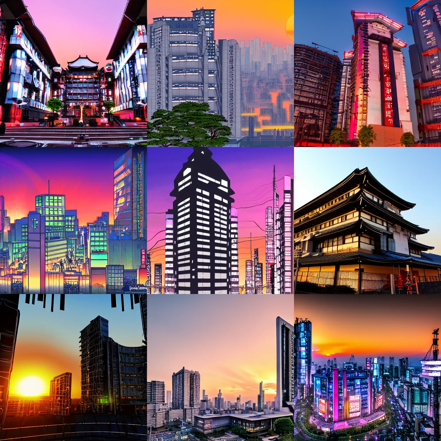 Image similar to Neo Tokyo, main building, sunset