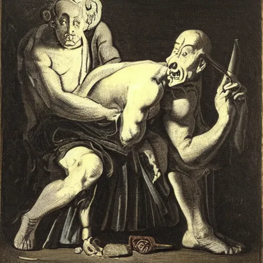 Image similar to subtle, sinister cobalt by william hogarth, by james mcintosh patrick. a mixed mediart of a large, black - clad figure of the king looming over a small, defenseless figure huddled at his feet. the king's face is hidden in shadow. menacing stance, large, sharp claws, dangerous & powerful creature.