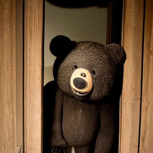 Image similar to dark photograph of a small bear mascot walking through a large wooden doorway