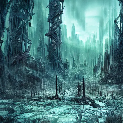 Image similar to future city covered by forest creature, doom of the gods, monster, gravity mess, star trek, glory war, photograph, cinematic matte painting, photo realism, desolate glacial landscape