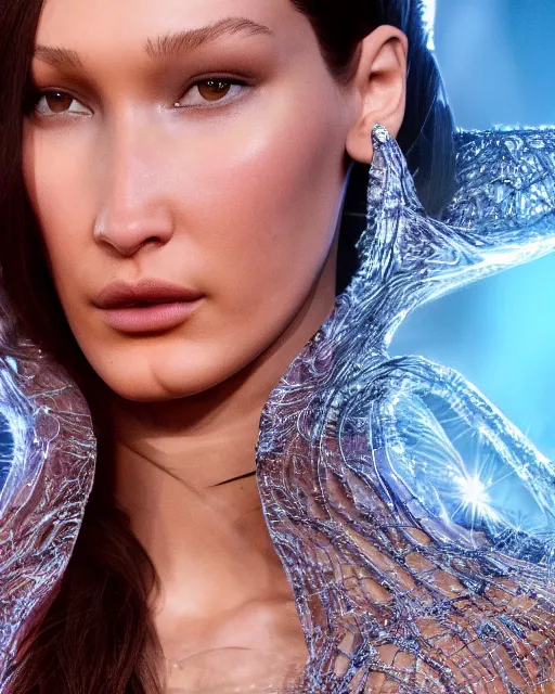 Image similar to a highly detailed metahuman 8 k close up render of bella hadid in iris van herpen dress