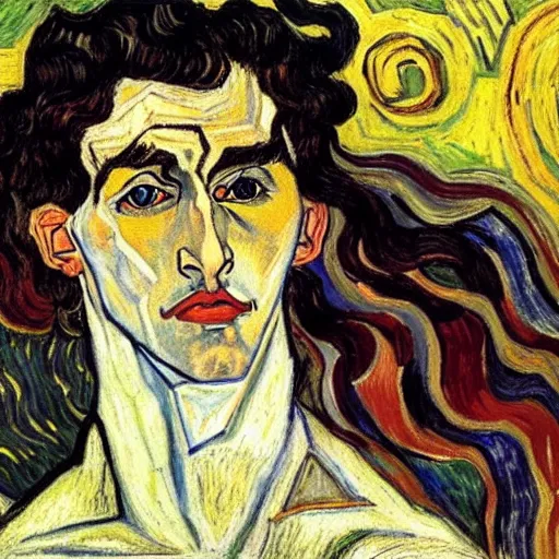 Prompt: painting of handsome beautiful dark medium wavy hair woman in his 2 0 s, dressed as an oracle, foreseeing the future, elegant, clear, painting, stylized, art by vincent van gogh, egon schiele