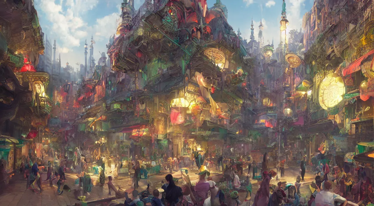 Image similar to bazaar zouk oriantal place mosquet multicolorful sky shine matte painting, street art, trending on artstation, by huang guangjian and gil elvgren and sachin teng