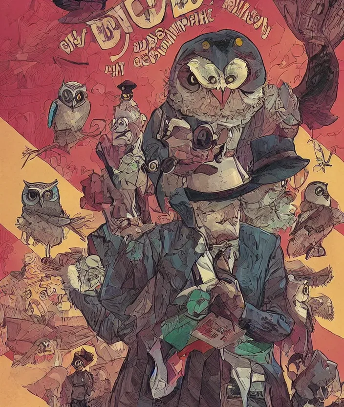 Image similar to graphic novel about grumpy owl detective, colourful, by arthur adams and greg rutkowski