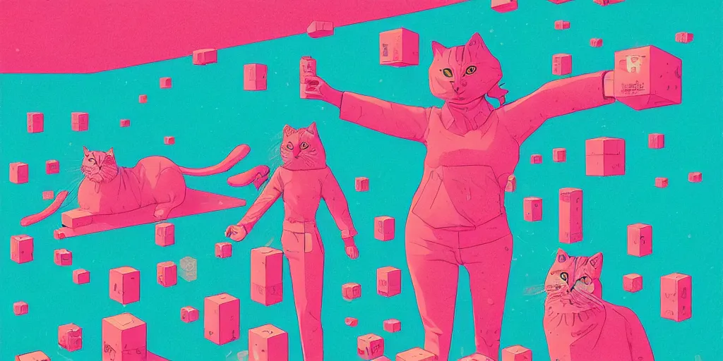 Image similar to risograph illustration, gigantic cat speaking to floating women in the air, cubes of ice around, a lot of tears, people crying, style by alberto mielgo, super - detailed, full - shot, 8 k