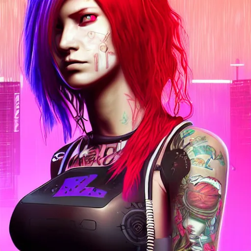 Prompt: Portrait of Robot Girl with long red hair and a tattoo in the style of the game CYBERPUNK 2077 , very beautiful Enga style, the girl is wrapped in color, photorealism